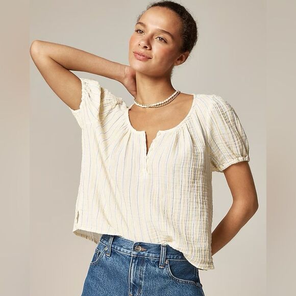 NWT J CREW Puff-sleeve henley in striped gauze in Pale Banana - Picture 4 of 7